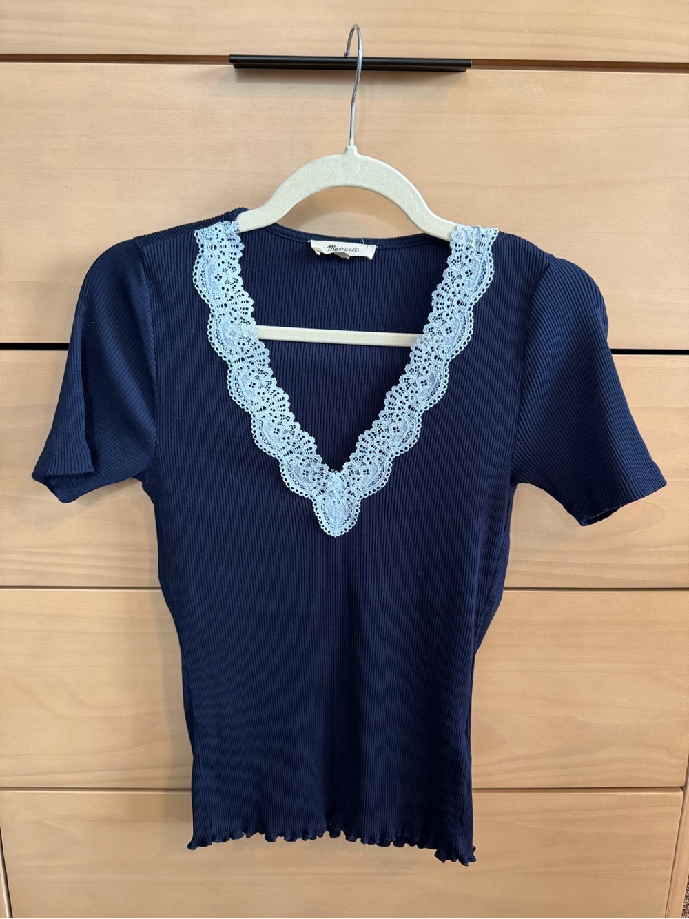 Madewell Ribbed Knit Embroidered Top | Navy | Medium